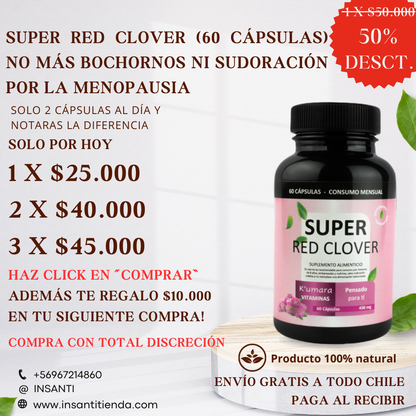 SUPER RED CLOVER™ - 60 CÁPSULAS - NO MÁS BOCHORNOS NI SUDORACIÓN POR LA MENOPAUSIA