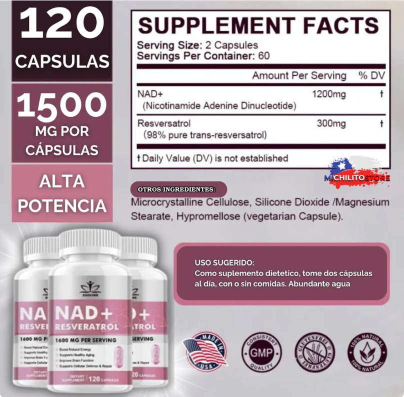 NAD+RESVERASTROL - ORIGINAL DESDE USA - REJUVENECEDOR OPTIMO 🌿💡 (60 Cápsulas)