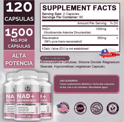 NAD+RESVERASTROL - ORIGINAL DESDE USA - REJUVENECEDOR OPTIMO 🌿💡 (60 Cápsulas)